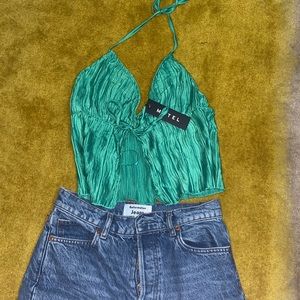 Motel Rocks Dama Cami Top in Crinkle Green NWT